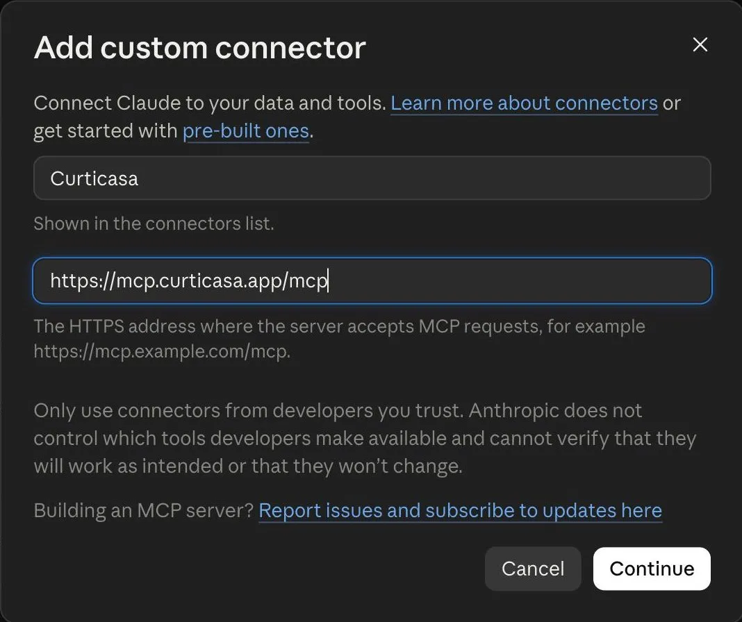 Janela “Add custom connector” do Claude com o nome Curticasa e o endereço https://mcp.curticasa.app/mcp preenchidos