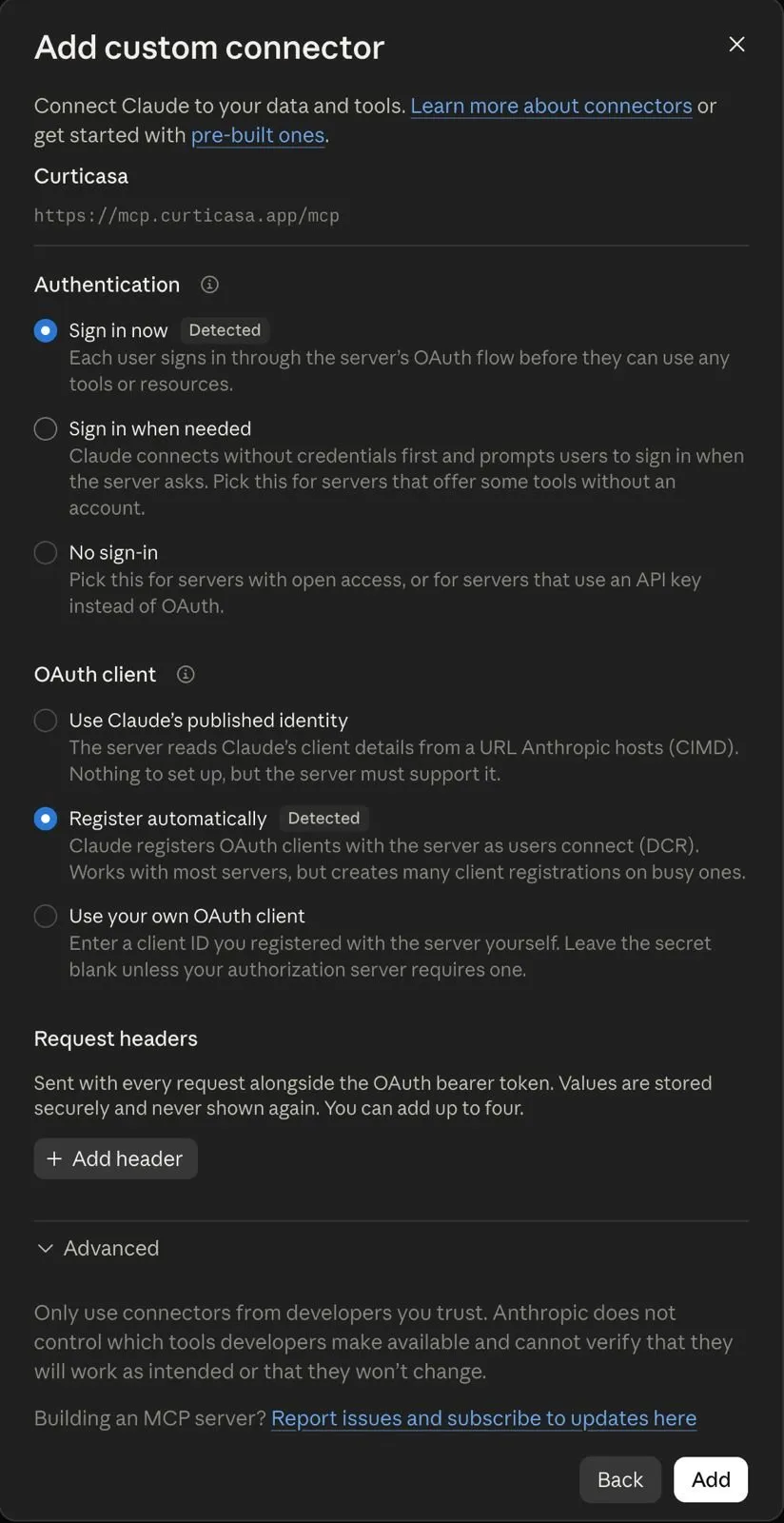 Tela de autenticação do conector com “Sign in now” e “Register automatically” marcados como detectados