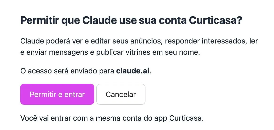 Página da Curticasa perguntando “Permitir que Claude use sua conta Curticasa?” com os botões “Permitir e entrar” e “Cancelar”