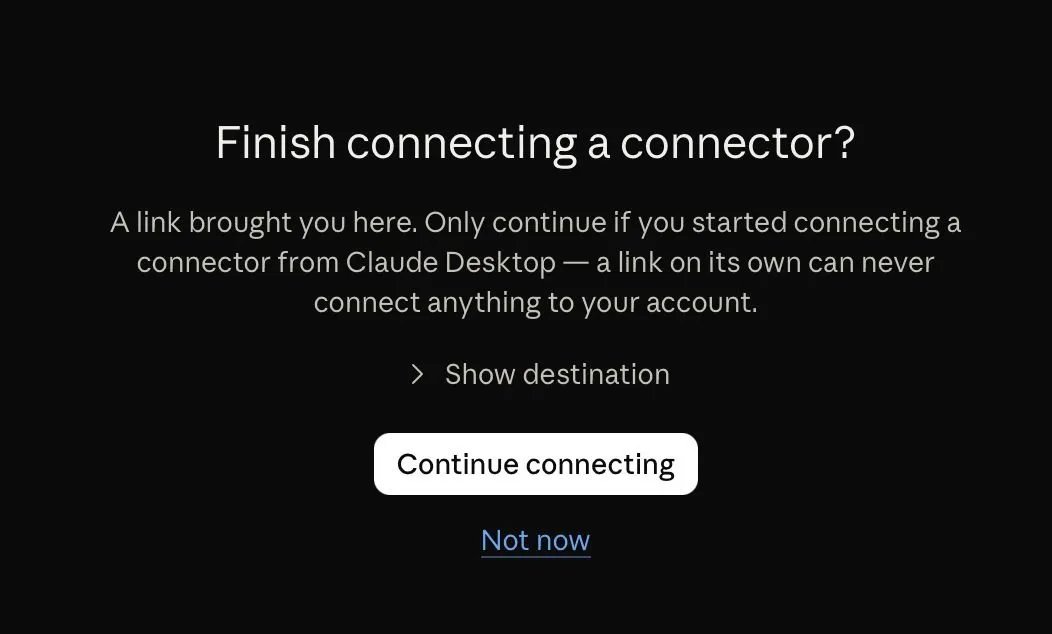 Tela “Finish connecting a connector?” com o botão “Continue connecting”