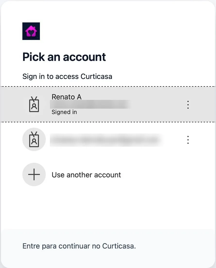 Tela de login da Curticasa para escolher a conta, com os e-mails borrados