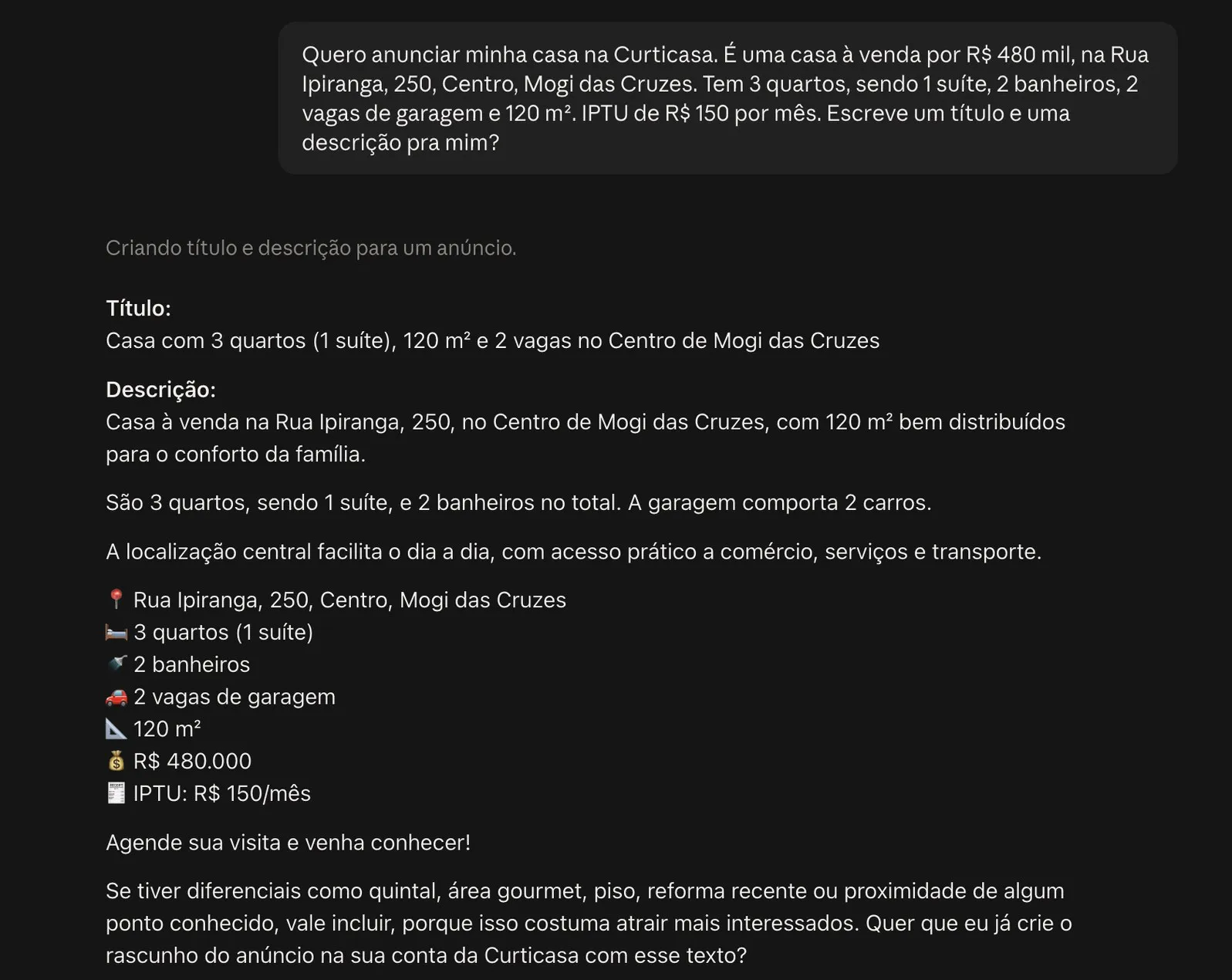 Conversa no Claude: o vendedor pede para anunciar uma casa em Mogi das Cruzes e o Claude escreve um título e uma descrição para o anúncio
